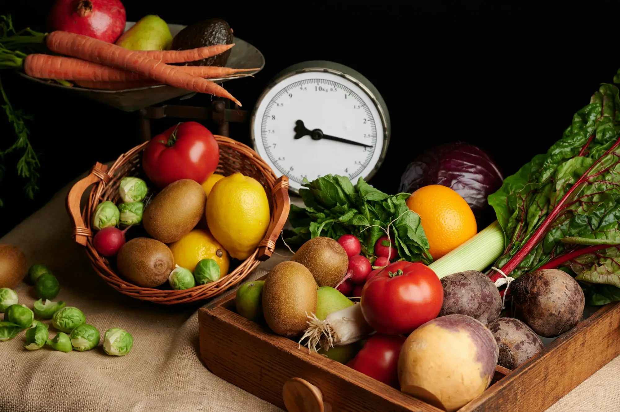 Crate of fresh produce with a scale